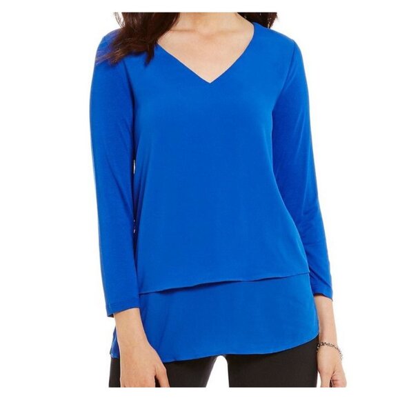 Michael Kors Tops - Michael Kors Mixed Woven Knit Layered Hem V-Neck 3/4 Sleeve Shirt Blue Size XS